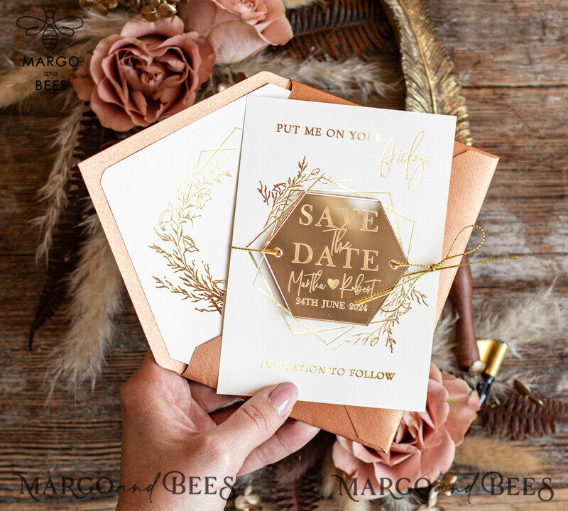 Elegant Gold Terracotta Wedding Save the Dates: Personalised Acrylic Magnets & Boho Cards-0