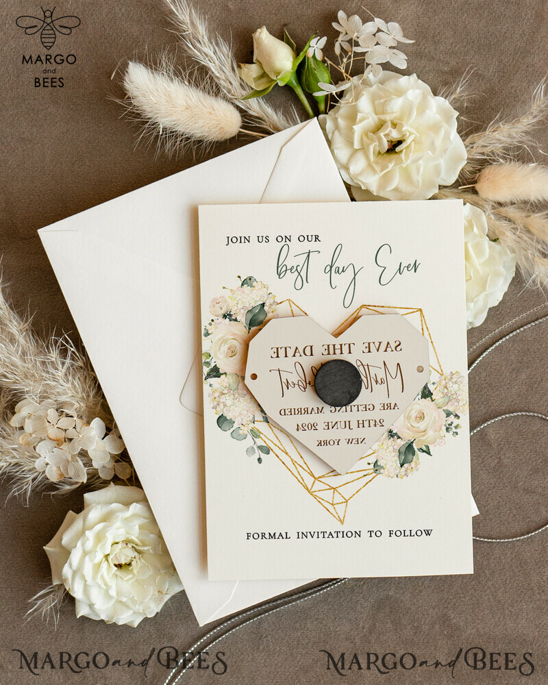 Elegant Wedding Save The Dates: Personalised Acrylic Golden Magnet and Card-1