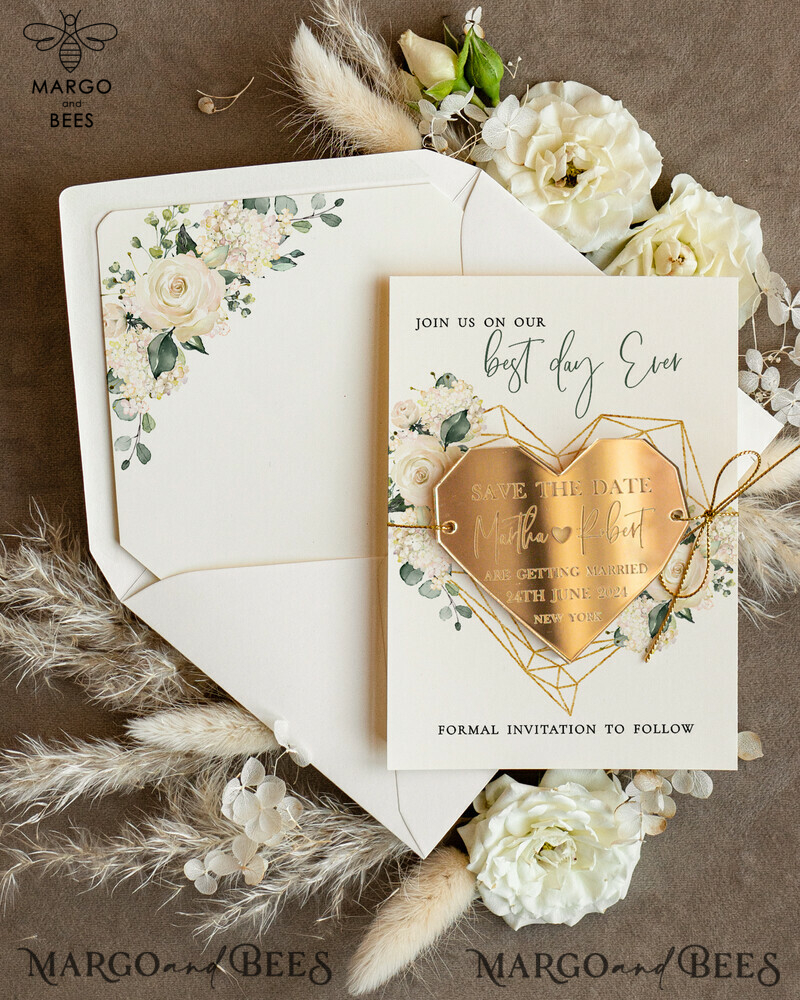 Elegant Wedding Save The Dates: Personalised Acrylic Golden Magnet and Card-2