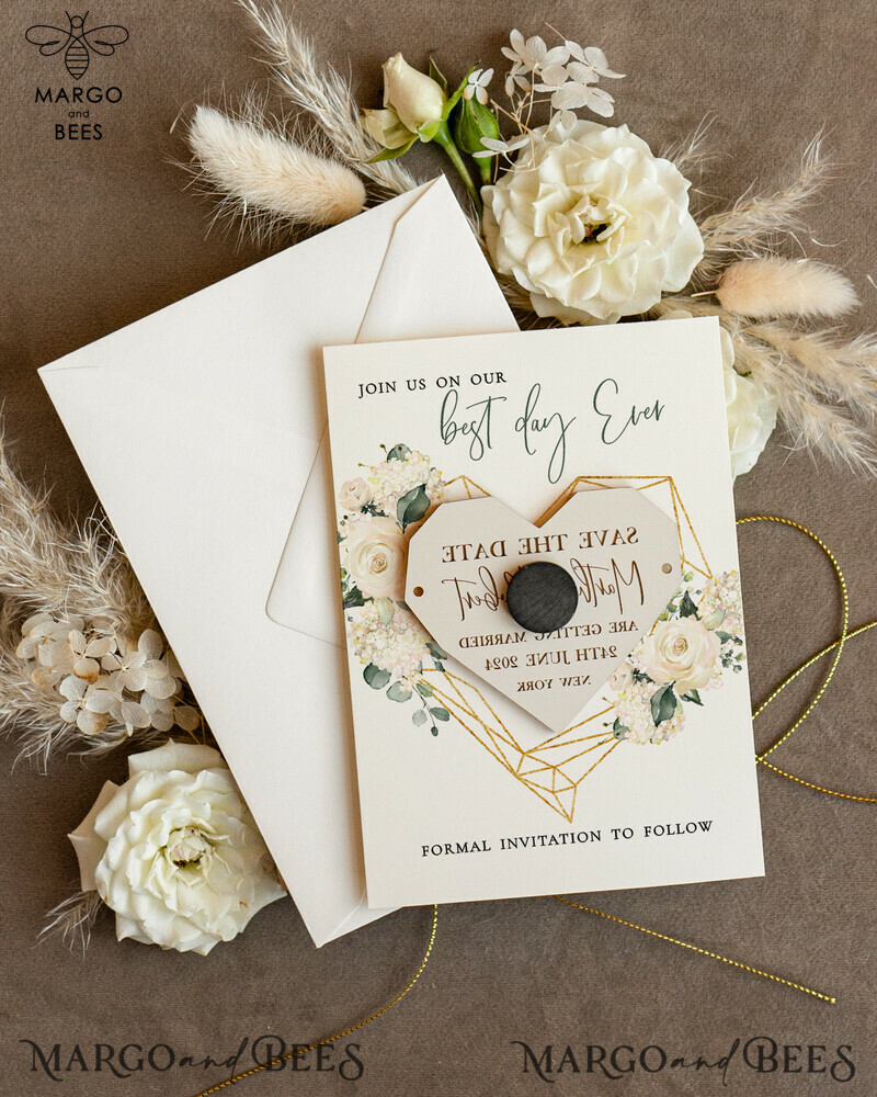 Elegant Wedding Save The Dates: Personalised Acrylic Golden Magnet and Card-4