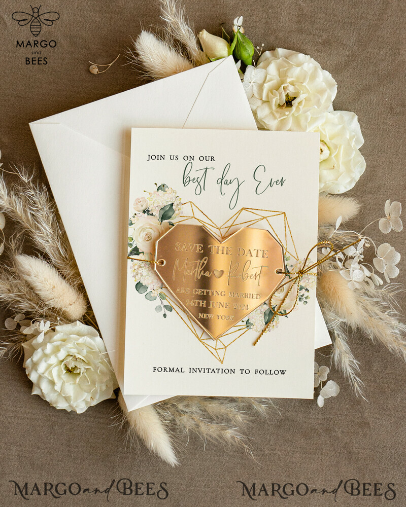 Elegant Wedding Save The Dates: Personalised Acrylic Golden Magnet and Card-0