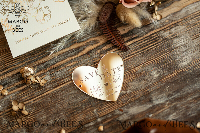Personalised Save the Date Heart Magnet and Card: Elegant Wedding Gold Terracotta Acrylic Heart with Velvet Save the Date Cards-4