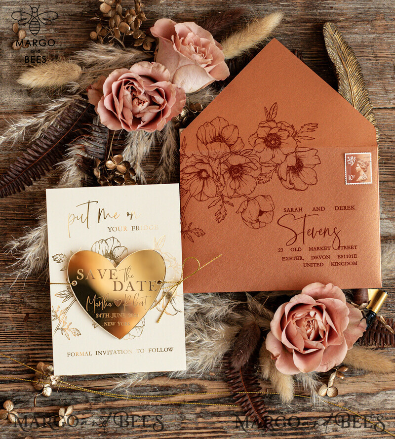 Personalised Save the Date Heart Magnet and Card: Elegant Wedding Gold Terracotta Acrylic Heart with Velvet Save the Date Cards-5