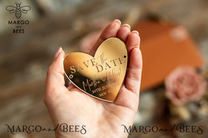 Personalised Save the Date Heart Magnet and Card: Elegant Wedding Gold Terracotta Acrylic Heart with Velvet Save the Date Cards-7