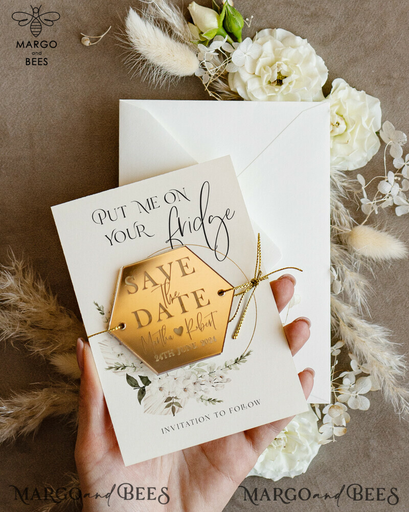 “Customized Gold Acrylic Hexagon Save the Date Magnet and Card: Elegant ...