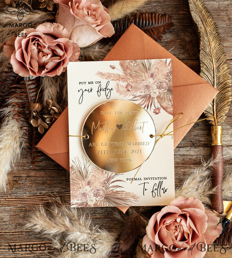 Boho-Inspired Personalised Save the Date Acrylic Magnet and Card Set with Gold Terracotta Elegant Wedding Design-1