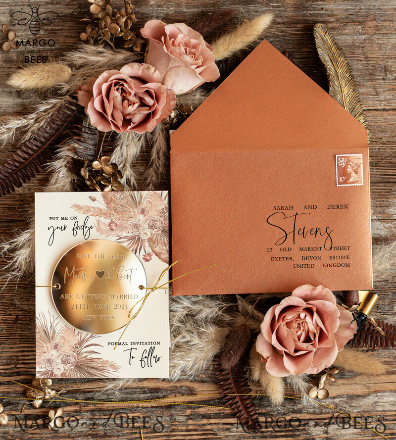 Boho-Inspired Personalised Save the Date Acrylic Magnet and Card Set with Gold Terracotta Elegant Wedding Design-4