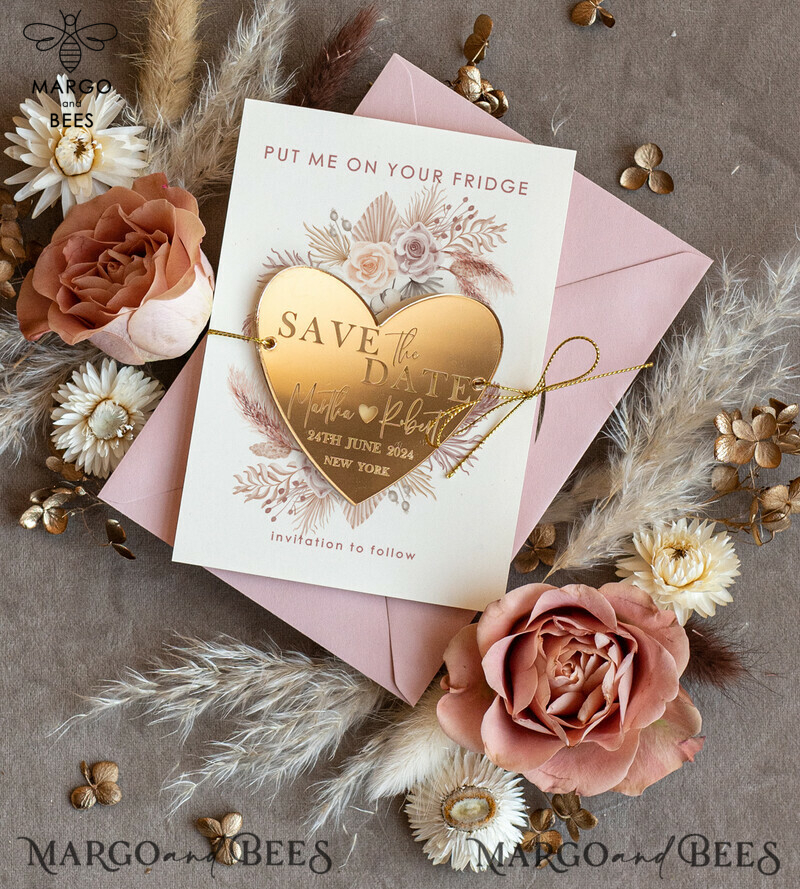 Elegant Personalised Blush Pink Heart Save the Date Acrylic Magnet and Card Set: A Touch of Gold-1