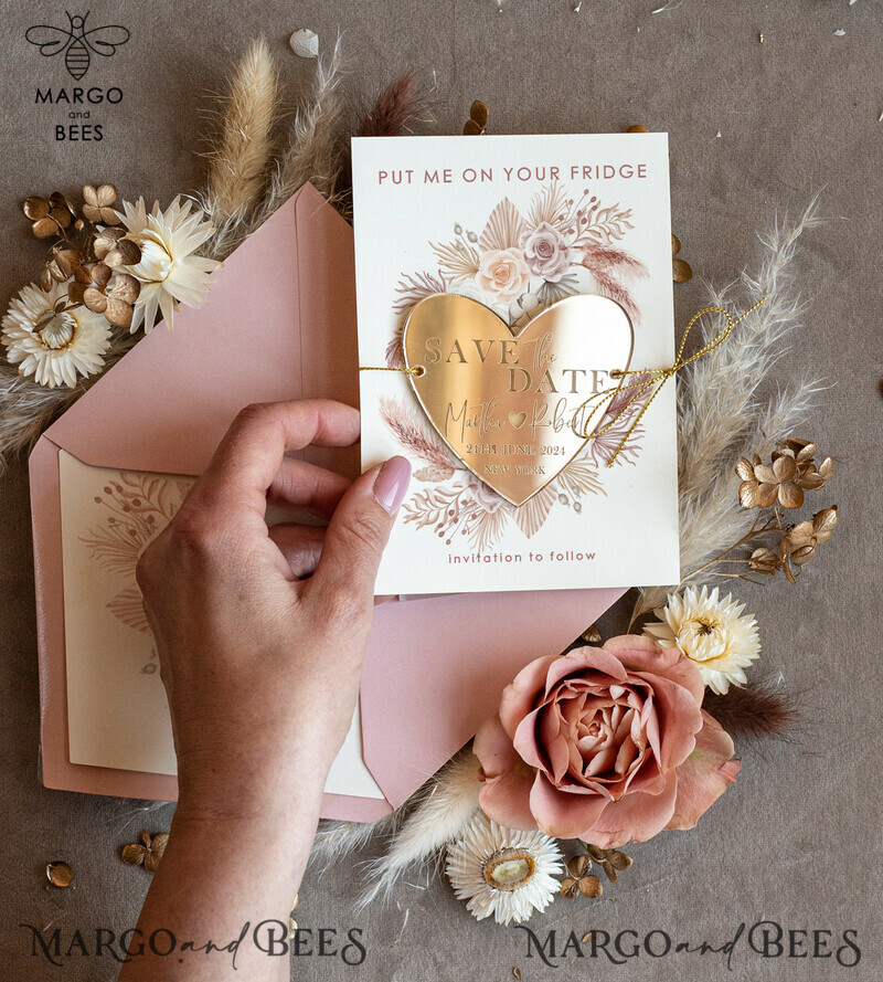 Elegant Personalised Blush Pink Heart Save the Date Acrylic Magnet and Card Set: A Touch of Gold-2