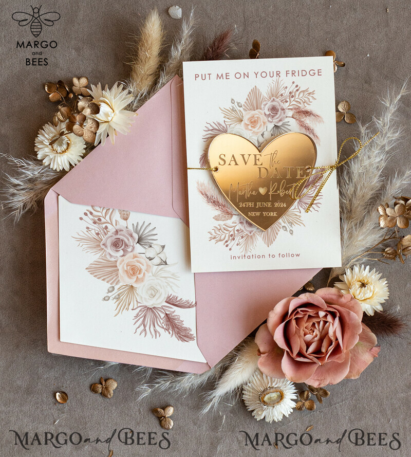 Elegant Personalised Blush Pink Heart Save the Date Acrylic Magnet and Card Set: A Touch of Gold-0