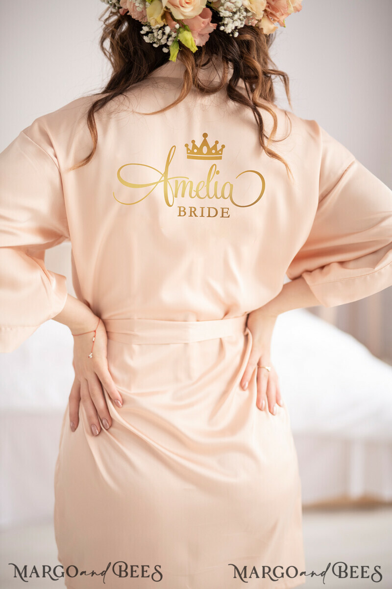 Beige satin elegant wedding robe with gold foil inscription, Elegant stylish Wedding Robe, Bridal Party Robe-0