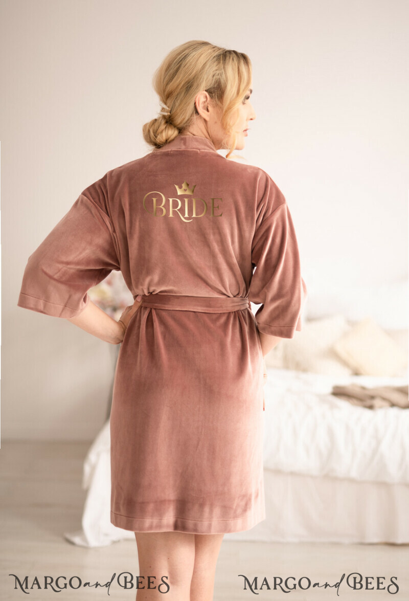 Rose Gold Velvet wedding Robe, Custom bespoke wedding Robe, Bride Gift Robe with Gold Text-0