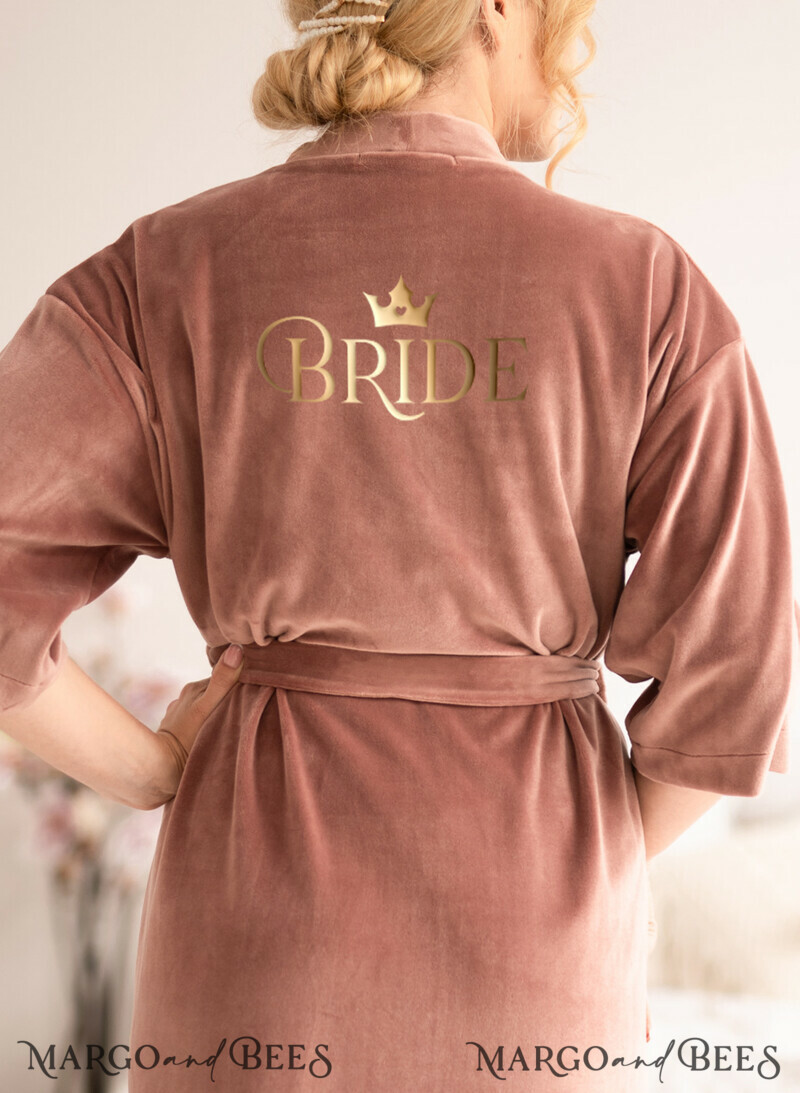 Rose Gold Velvet wedding Robe, Custom bespoke wedding Robe, Bride Gift Robe with Gold Text-1
