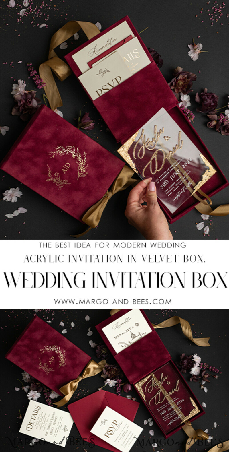 Maroon Boxed Wedding Invitation set ,3D Golden Plexi Wedding Invitation Suite Luxury Box, Elegant Boho Velvet Wedding Cards-8