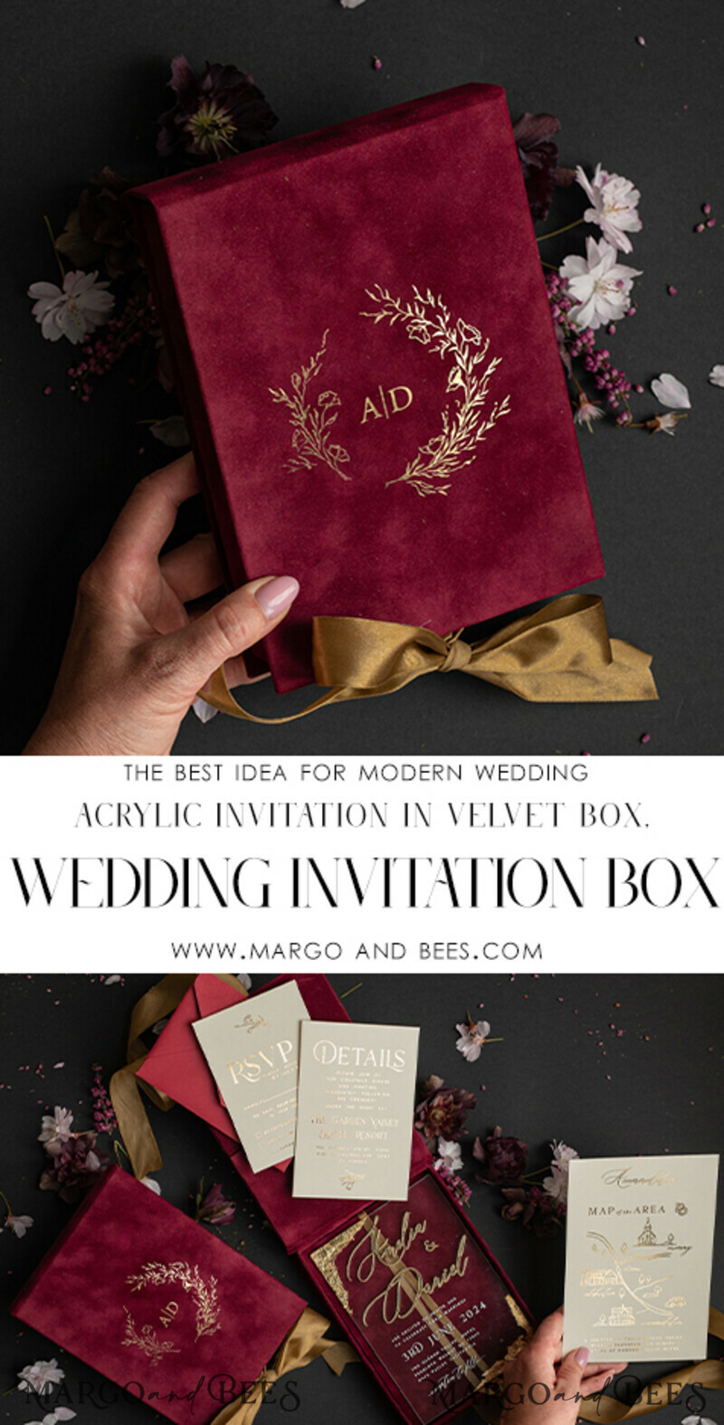 Maroon Boxed Wedding Invitation set ,3D Golden Plexi Wedding Invitation Suite Luxury Box, Elegant Boho Velvet Wedding Cards-3