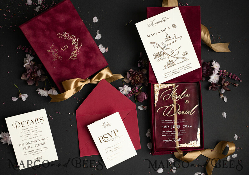 Maroon Boxed Wedding Invitation set ,3D Golden Plexi Wedding Invitation Suite Luxury Box, Elegant Boho Velvet Wedding Cards-16