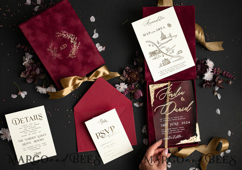 Maroon Boxed Wedding Invitation set ,3D Golden Plexi Wedding Invitation Suite Luxury Box, Elegant Boho Velvet Wedding Cards-17