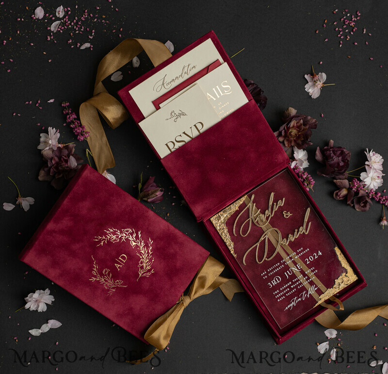 Maroon Boxed Wedding Invitation set ,3D Golden Plexi Wedding Invitation Suite Luxury Box, Elegant Boho Velvet Wedding Cards-7
