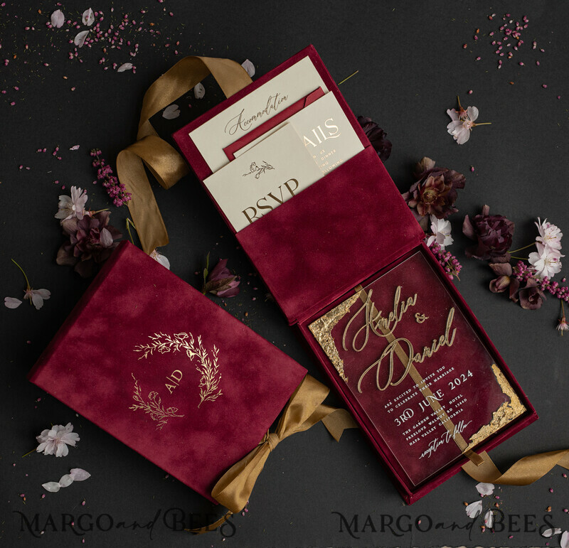 Maroon Boxed Wedding Invitation set ,3D Golden Plexi Wedding Invitation Suite Luxury Box, Elegant Boho Velvet Wedding Cards-9