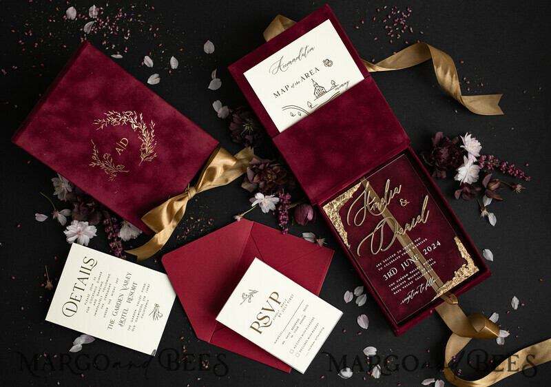 Maroon Boxed Wedding Invitation set ,3D Golden Plexi Wedding Invitation Suite Luxury Box, Elegant Boho Velvet Wedding Cards-0