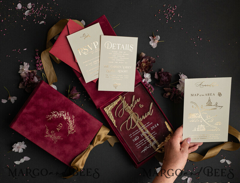Maroon Boxed Wedding Invitation set ,3D Golden Plexi Wedding Invitation Suite Luxury Box, Elegant Boho Velvet Wedding Cards-19