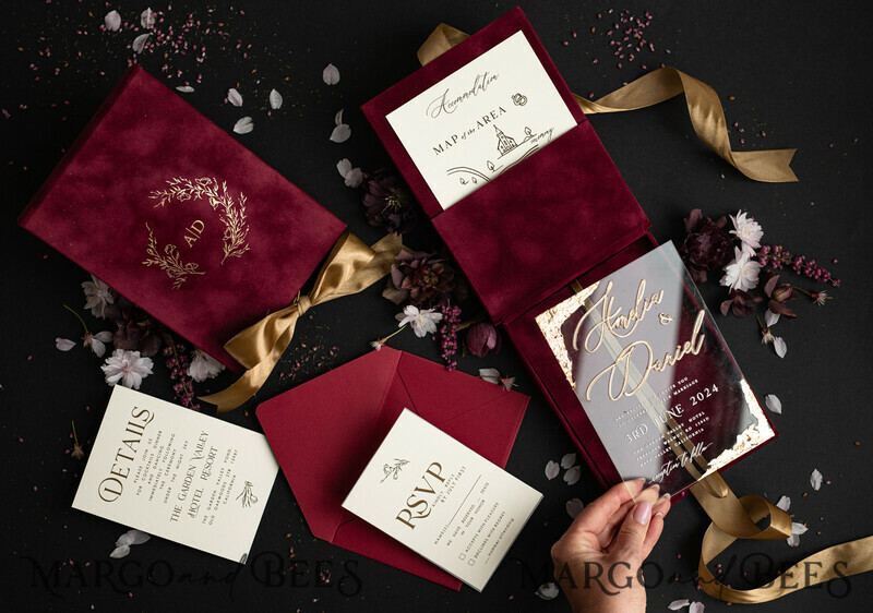 Maroon Boxed Wedding Invitation set ,3D Golden Plexi Wedding Invitation Suite Luxury Box, Elegant Boho Velvet Wedding Cards-5