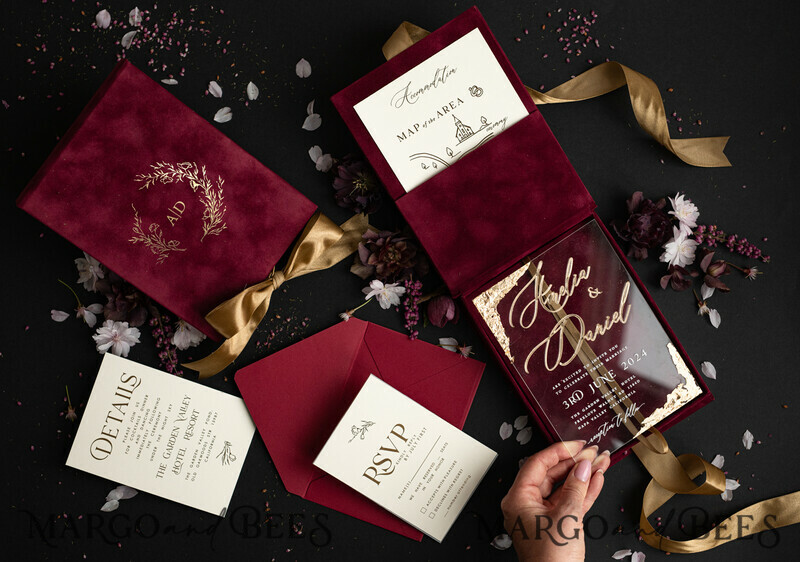 Maroon Boxed Wedding Invitation set ,3D Golden Plexi Wedding Invitation Suite Luxury Box, Elegant Boho Velvet Wedding Cards-1