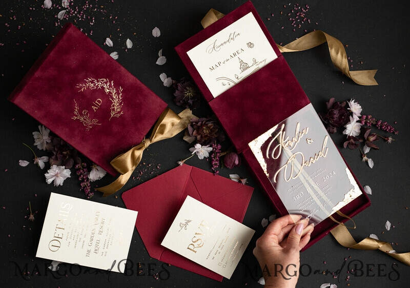 Maroon Boxed Wedding Invitation set ,3D Golden Plexi Wedding Invitation Suite Luxury Box, Elegant Boho Velvet Wedding Cards-21