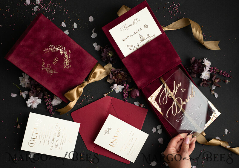 Maroon Boxed Wedding Invitation set ,3D Golden Plexi Wedding Invitation Suite Luxury Box, Elegant Boho Velvet Wedding Cards-22