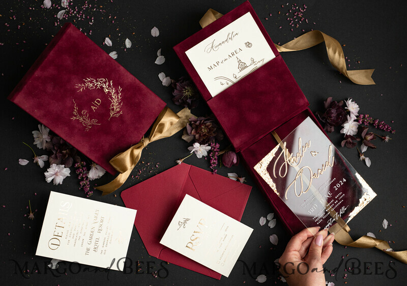 Maroon Boxed Wedding Invitation set ,3D Golden Plexi Wedding Invitation Suite Luxury Box, Elegant Boho Velvet Wedding Cards-23