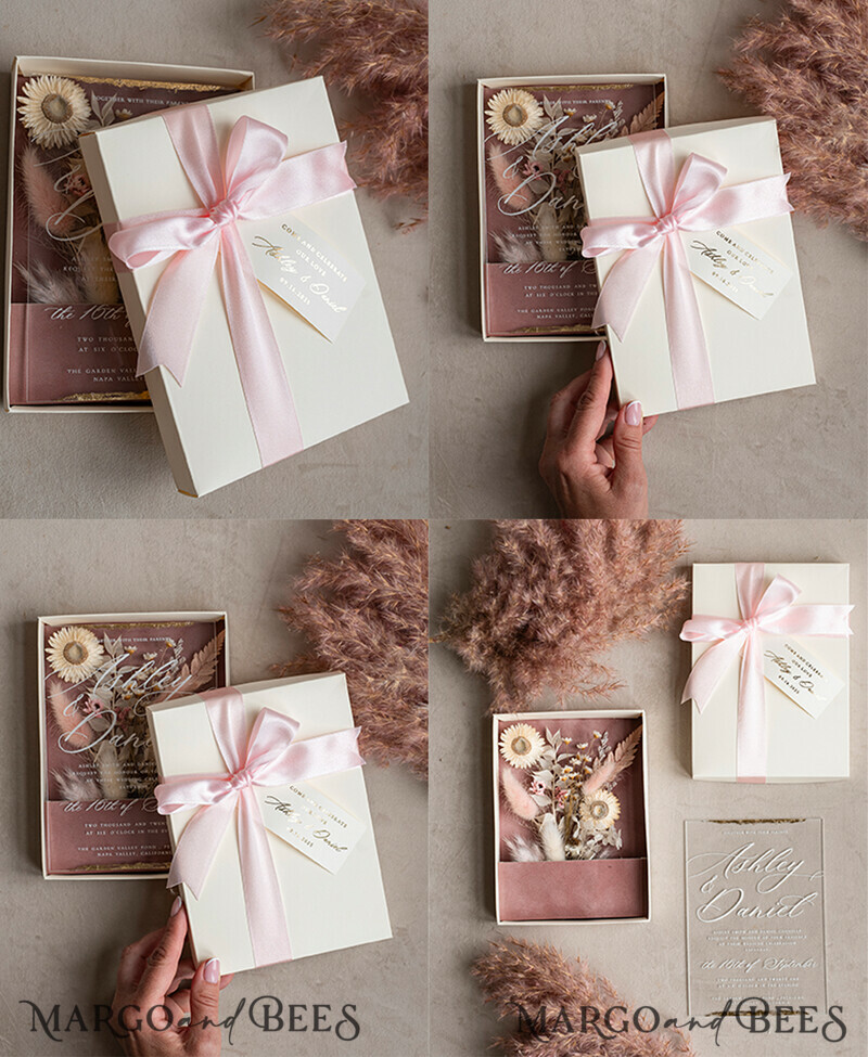 Natural Dried Flowers Wedding Invitations in velvet box, Plexi Glamour Boxed Wedding Invitation Suite Luxury, Romantic Velvet Wedding Cards, Bespoke Golden Invites-1