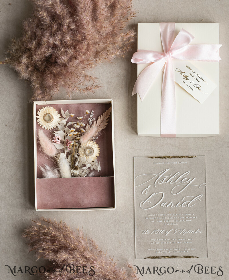 Natural Dried Flowers Wedding Invitations in velvet box, Plexi Glamour Boxed Wedding Invitation Suite Luxury, Romantic Velvet Wedding Cards, Bespoke Golden Invites-8