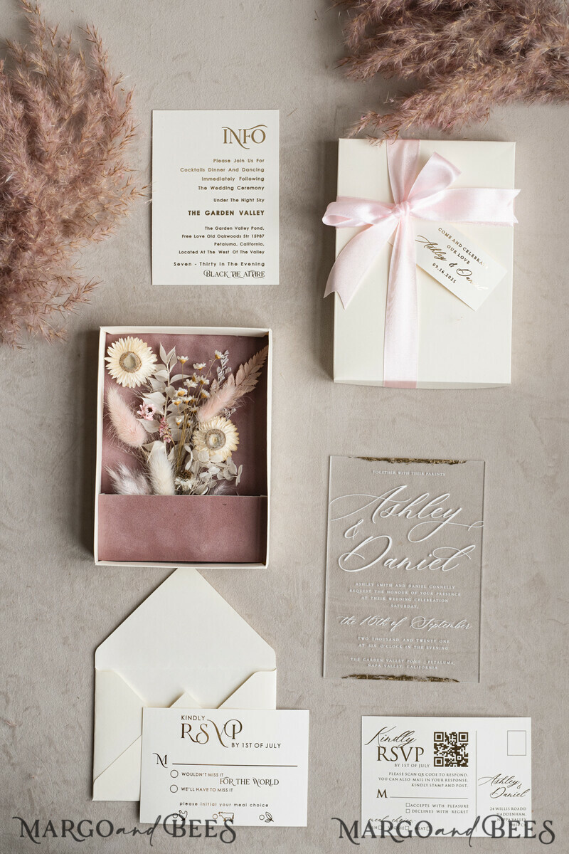 Natural Dried Flowers Wedding Invitations in velvet box, Plexi Glamour Boxed Wedding Invitation Suite Luxury, Romantic Velvet Wedding Cards, Bespoke Golden Invites-10