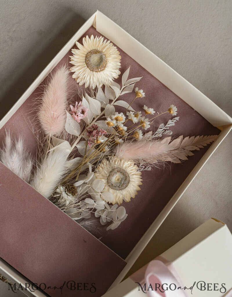 Natural Dried Flowers Wedding Invitations in velvet box, Plexi Glamour Boxed Wedding Invitation Suite Luxury, Romantic Velvet Wedding Cards, Bespoke Golden Invites-13