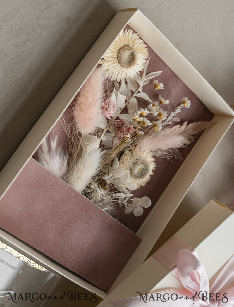 Natural Dried Flowers Wedding Invitations in velvet box, Plexi Glamour Boxed Wedding Invitation Suite Luxury, Romantic Velvet Wedding Cards, Bespoke Golden Invites-14