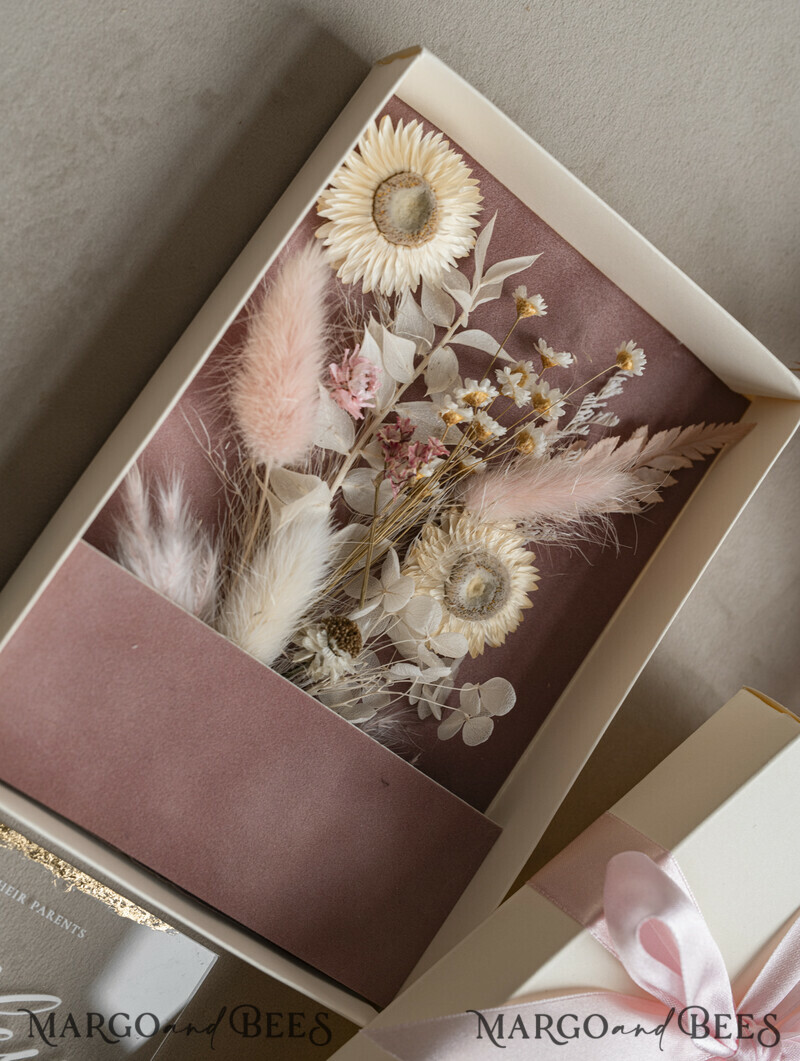 Natural Dried Flowers Wedding Invitations in velvet box, Plexi Glamour Boxed Wedding Invitation Suite Luxury, Romantic Velvet Wedding Cards, Bespoke Golden Invites-15