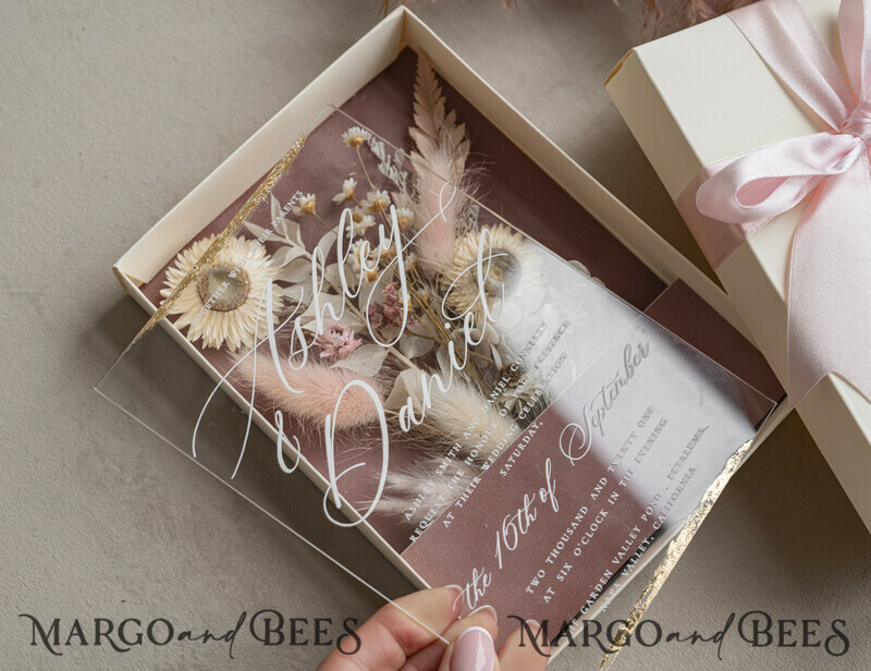 Natural Dried Flowers Wedding Invitations in velvet box, Plexi Glamour Boxed Wedding Invitation Suite Luxury, Romantic Velvet Wedding Cards, Bespoke Golden Invites-16