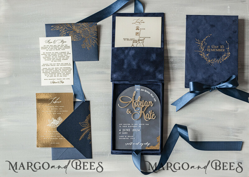 Vip Navy Blue Gold Foil Wedding Invitations in velvet box, Plexi Glamour Wedding Invitations-0