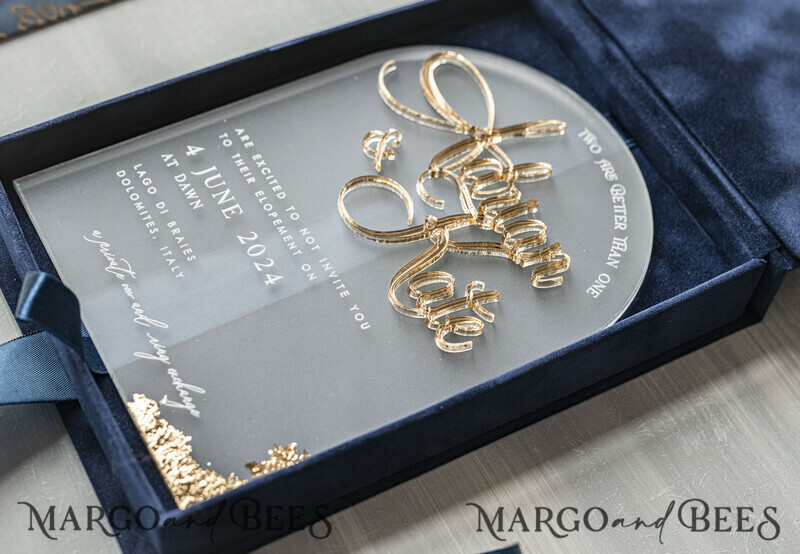 Vip Navy Blue Gold Foil Wedding Invitations in velvet box, Plexi Glamour Wedding Invitations-1