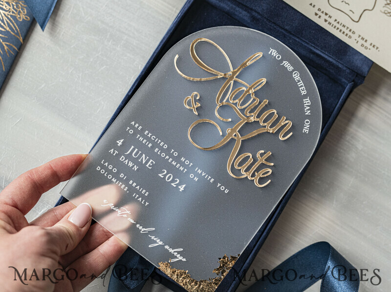 Vip Navy Blue Gold Foil Wedding Invitations in velvet box, Plexi Glamour Wedding Invitations-19