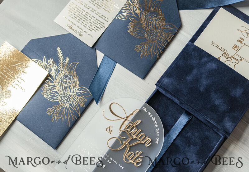 Vip Navy Blue Gold Foil Wedding Invitations in velvet box, Plexi Glamour Wedding Invitations-25