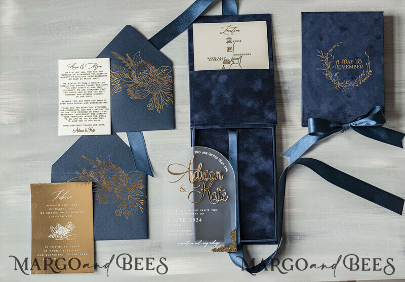 Vip Navy Blue Gold Foil Wedding Invitations in velvet box, Plexi Glamour Wedding Invitations-7