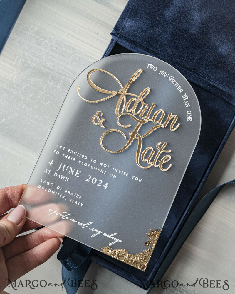 Vip Navy Blue Gold Foil Wedding Invitations in velvet box, Plexi Glamour Wedding Invitations-8