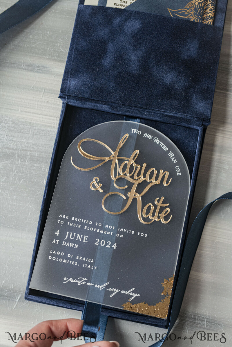 Vip Navy Blue Gold Foil Wedding Invitations in velvet box, Plexi Glamour Wedding Invitations-12