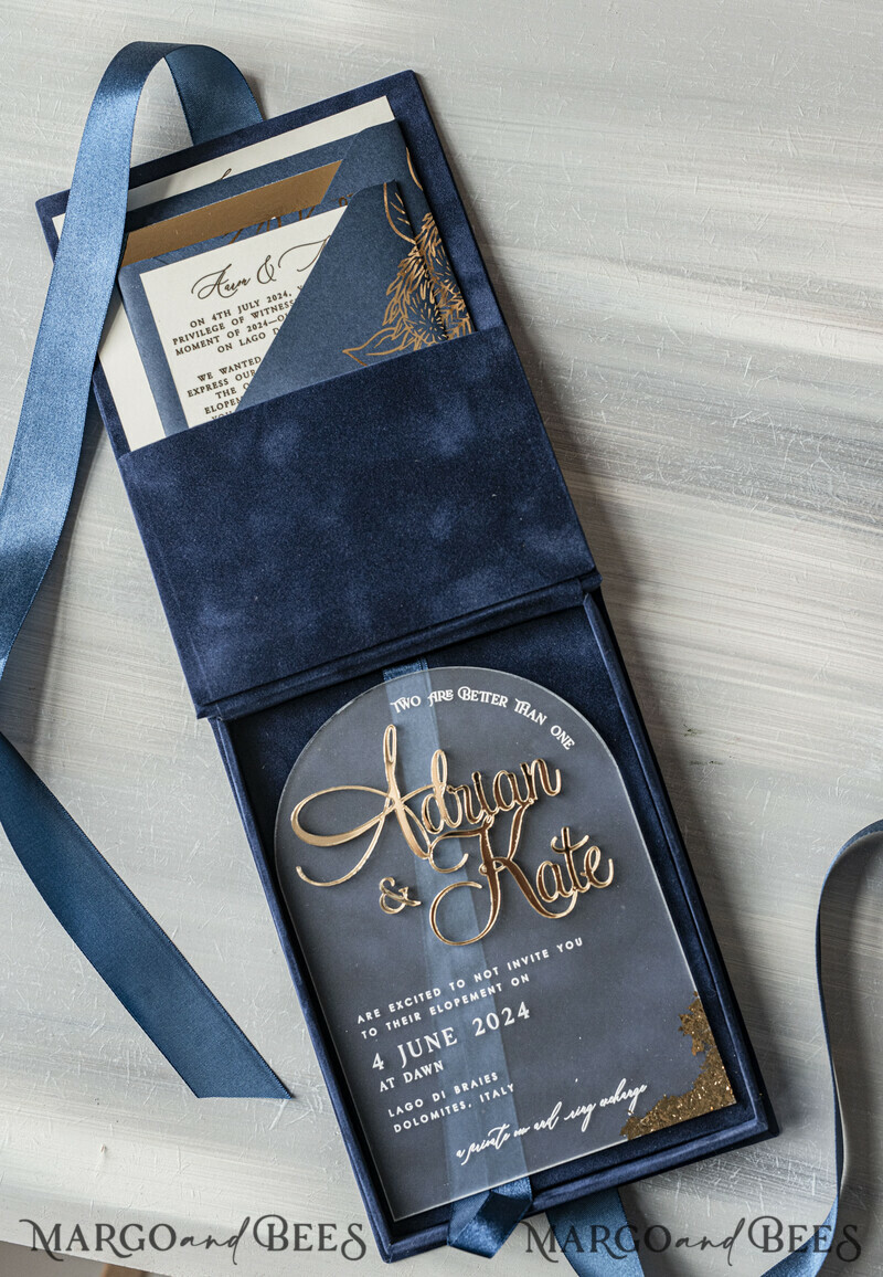 Vip Navy Blue Gold Foil Wedding Invitations in velvet box, Plexi Glamour Wedding Invitations-10