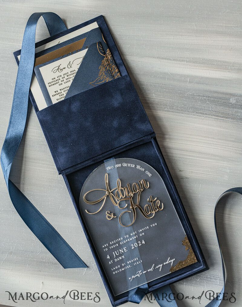 Vip Navy Blue Gold Foil Wedding Invitations in velvet box, Plexi Glamour Wedding Invitations-28