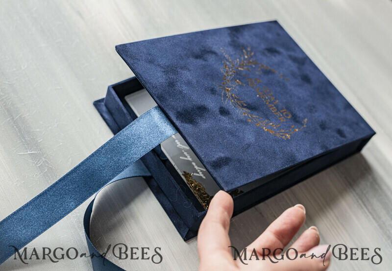 Vip Navy Blue Gold Foil Wedding Invitations in velvet box, Plexi Glamour Wedding Invitations-13