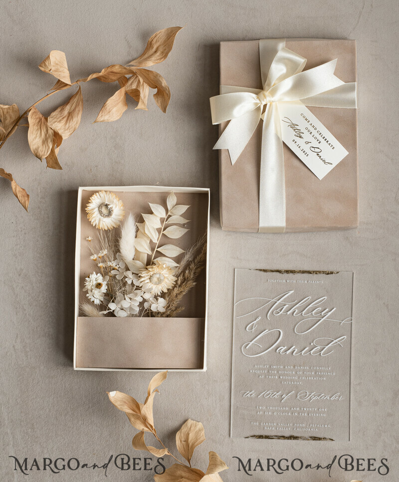Natural Dried Flowers Wedding Invitations in velvet box, Plexi Glamour Boxed Wedding Invitation Suite Luxury, Romantic Velvet Wedding Cards, Bespoke Golden Invites-28