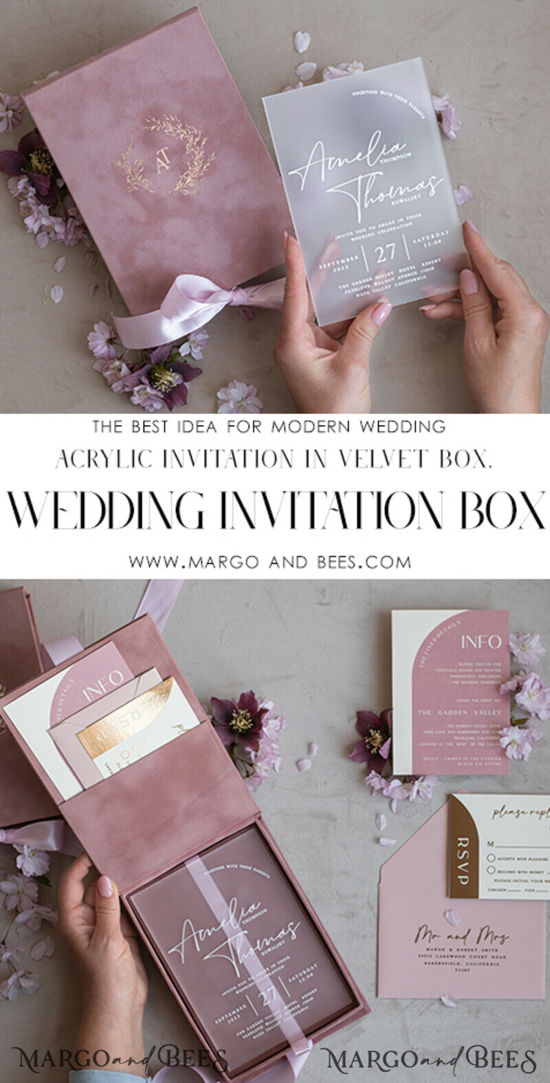 Acrylic Wedding Invitations in velvet box, Frozen Plexi Glamour Wedding Invitation Suite Luxury Box-8