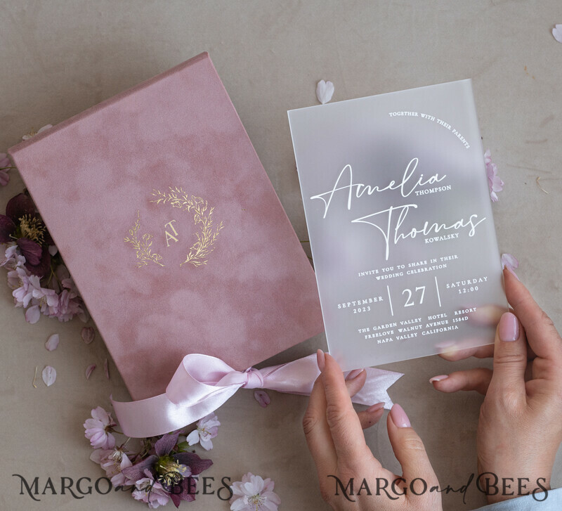Acrylic Wedding Invitations in velvet box, Frozen Plexi Glamour Wedding Invitation Suite Luxury Box-17